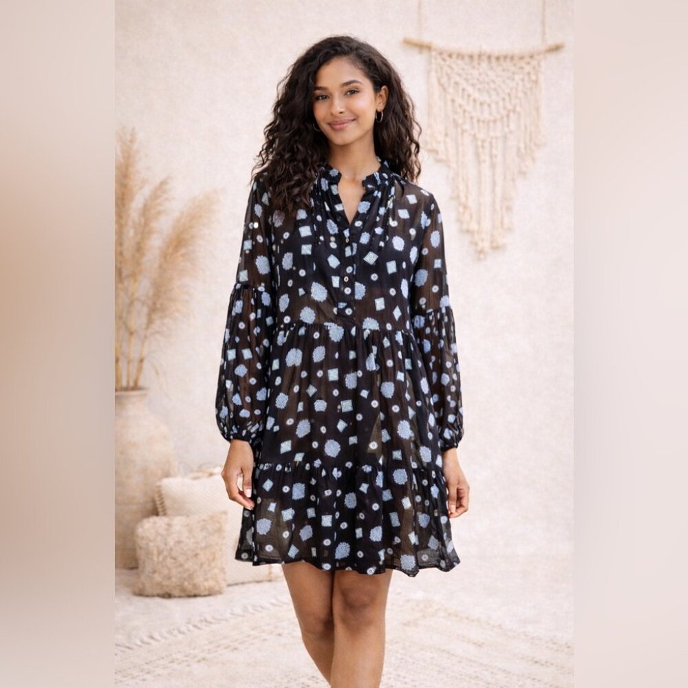 Free People Boho Turn Turn Sheer Mini Dress Size M Printed Festival Peasant - Picture 1 of 15